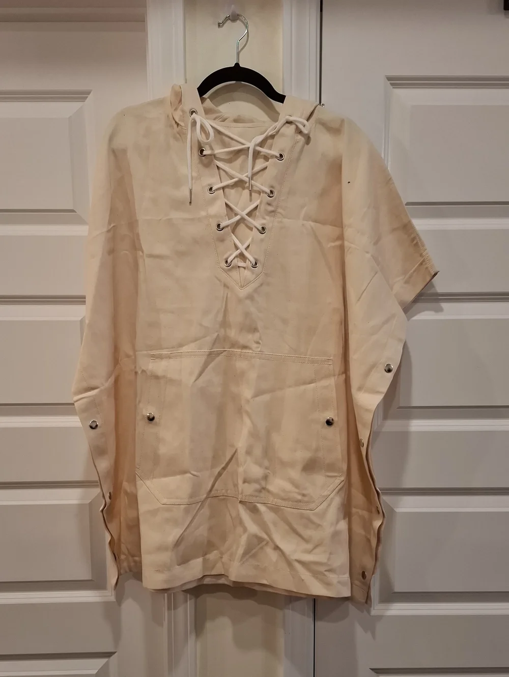 New J. Crew Collection Snap Button Tie Neck Hooded Poncho Size S/M (flaw)